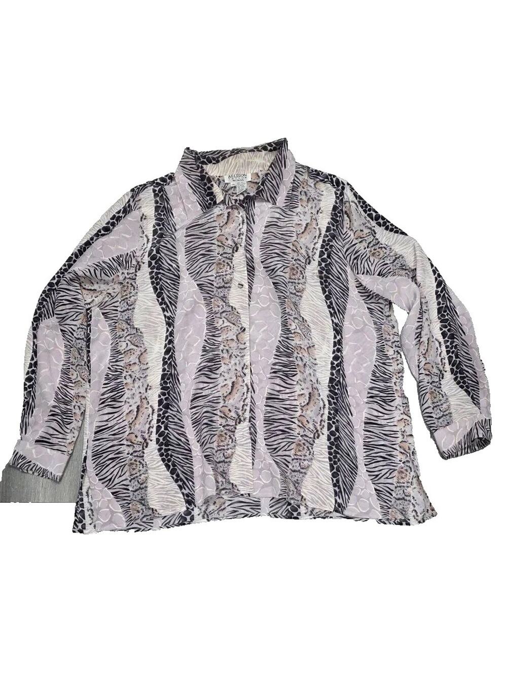 Allison Taylor 100 % Silk Button Up Shirt gray animal print 1X A003994